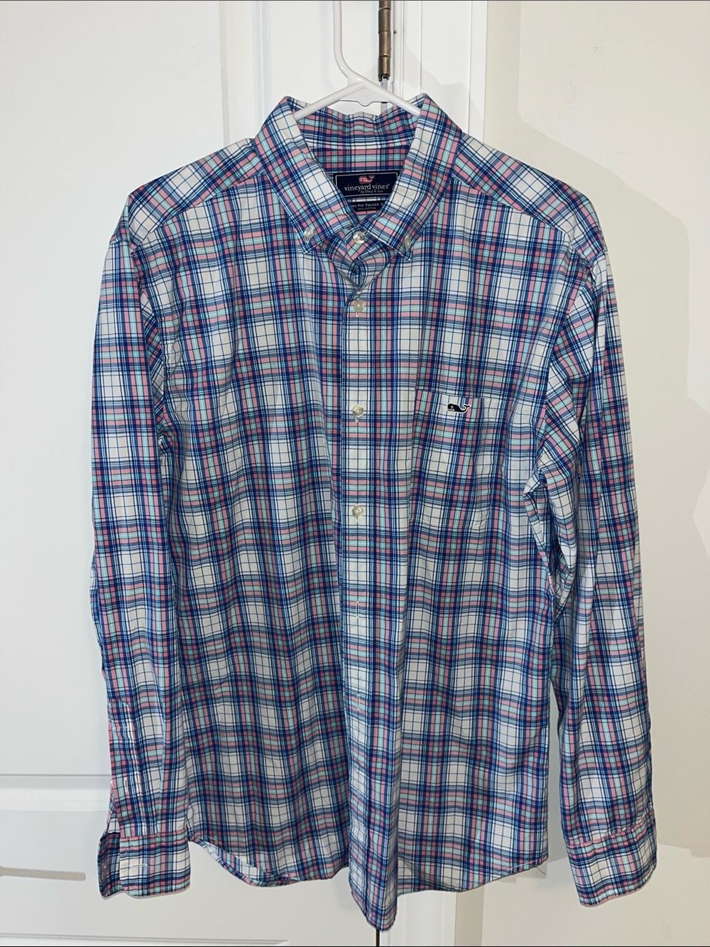 Pink Blue Check plaid Vineyard Vines Whale Pocket LS cotton shirt button down